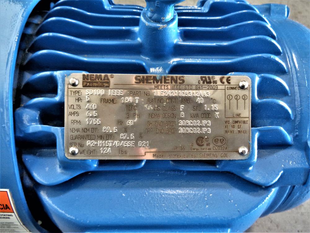 Siemens 5 HP Motor, 460V, 1755 RPM, Type SD100 IEEE, Part# 1LE24211CB312AA3